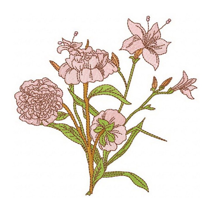 Vintage lily and peony embroidery design - Embroidery Design