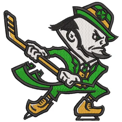 Embroidery design preview of the Notre Dame Hockey Leprechaun Logo for machine stitching.