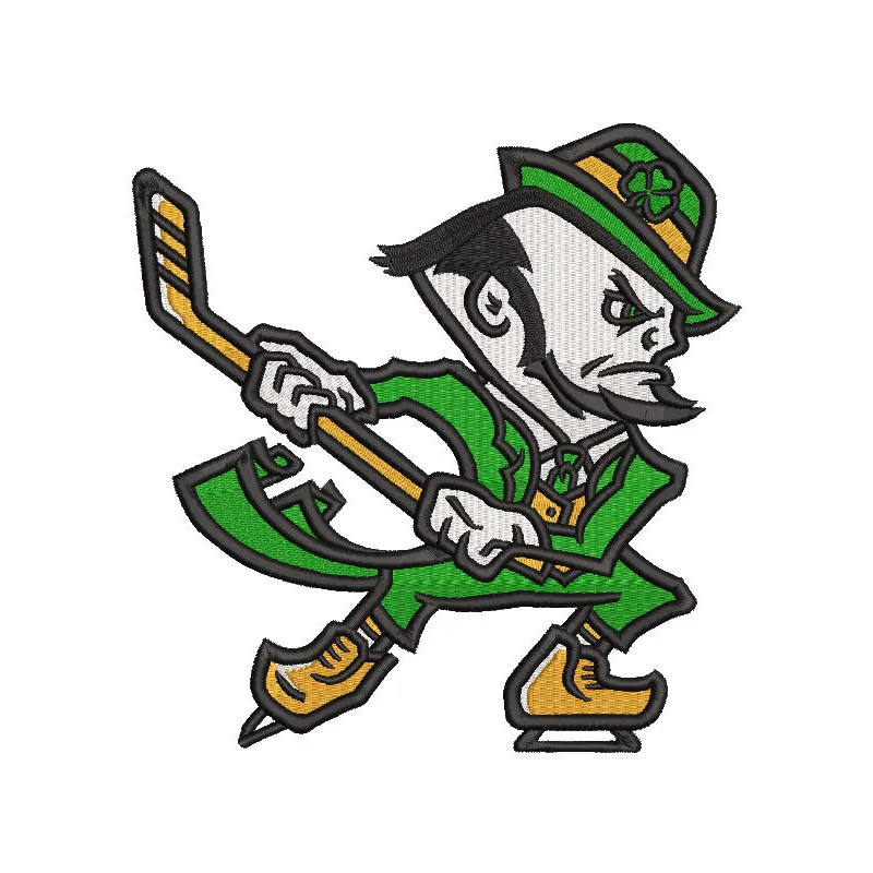 Embroidery design preview of the Notre Dame Hockey Leprechaun Logo for machine stitching.