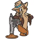 Chip from Chip and Dale holding a toy gun embroidery design, perfect for playful stitching projects.