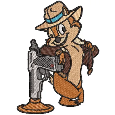 Chip from Chip and Dale holding a toy gun embroidery design, perfect for playful stitching projects.