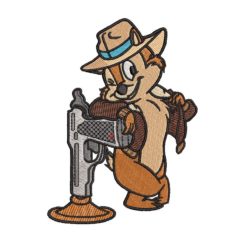 Chip from Chip and Dale holding a toy gun embroidery design, perfect for playful stitching projects.