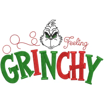 Preview of Feeling Grinchy embroidery design featuring a whimsical Grinch character for machine embroidery.