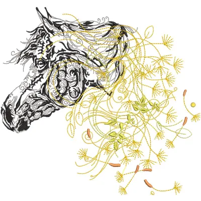 Embroidery design preview of a dandelion horse pattern showcasing detailed stitching and vibrant colors.