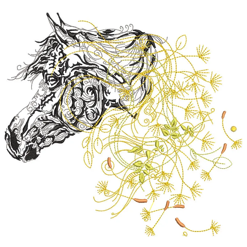 Embroidery design preview of a dandelion horse pattern showcasing detailed stitching and vibrant colors.