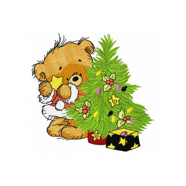 Bear decorating New Year tree 4 embroidery design - Embroidery Design
