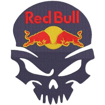 Preview of Red Bull Calavera embroidery design showcasing vibrant colors and detailed stitching.