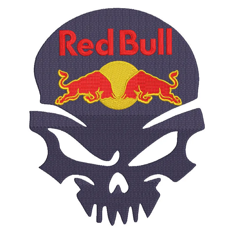 Preview of Red Bull Calavera embroidery design showcasing vibrant colors and detailed stitching.