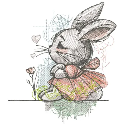 Embroidery design preview of a dreamer bunny girl in a sundress, showcasing vibrant colors and detailed stitching.