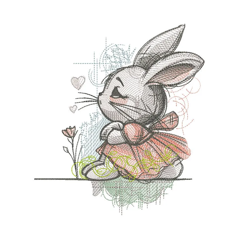 Embroidery design preview of a dreamer bunny girl in a sundress, showcasing vibrant colors and detailed stitching.