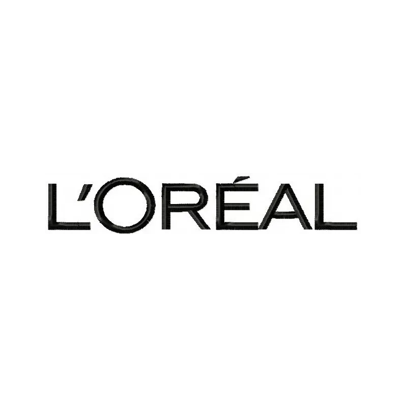 L'OREAL embroidery design showcasing a stylish cosmetics and perfume theme on a fabric background.