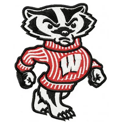 Bucky the Badger embroidery design showcasing a spirited college mascot pattern for sports apparel and accessories.