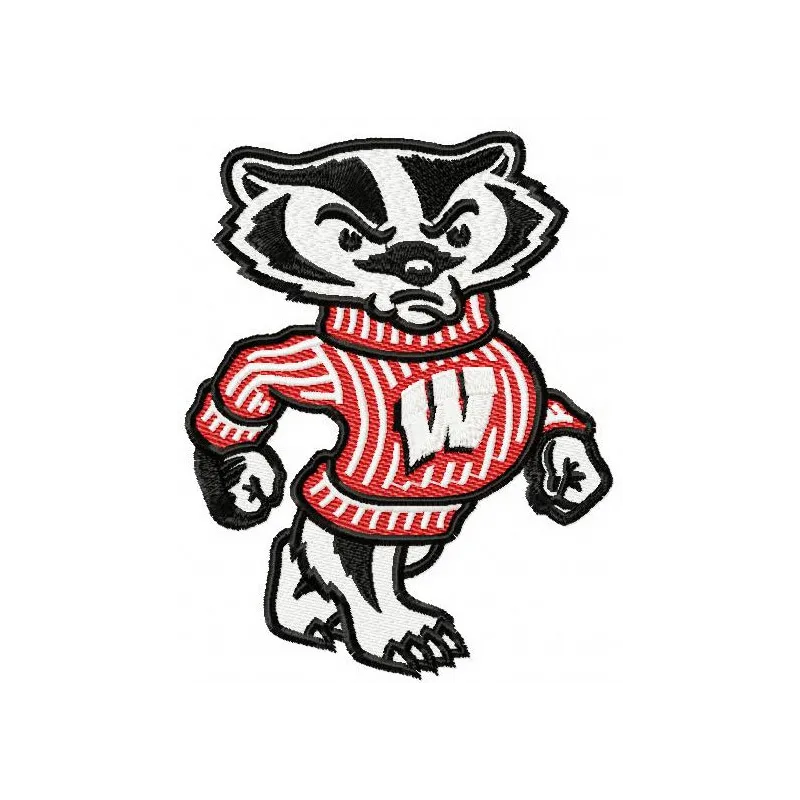 Bucky the Badger embroidery design showcasing a spirited college mascot pattern for sports apparel and accessories.