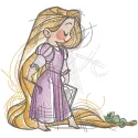 Embroidery design preview of Rapunzel and Pascal sketch from Tangled, showcasing intricate details.