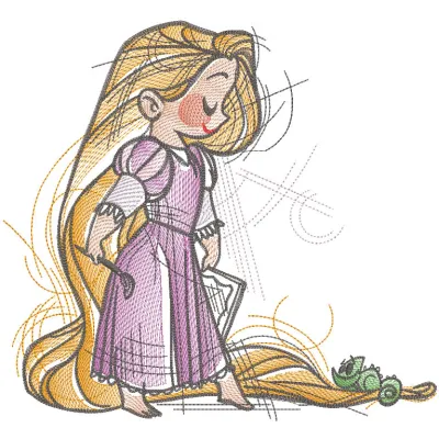Embroidery design preview of Rapunzel and Pascal sketch from Tangled, showcasing intricate details.