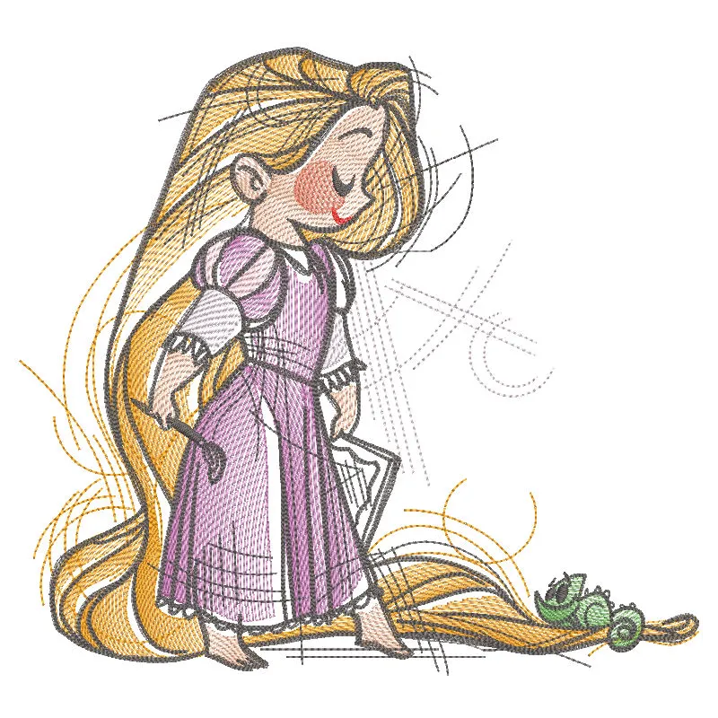 Embroidery design preview of Rapunzel and Pascal sketch from Tangled, showcasing intricate details.