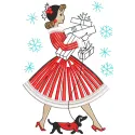 Embroidery design preview of a lady holding a Christmas gift, showcasing intricate details and vibrant colors.