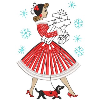 Lady with Christmas Gift embroidery design - Embroidery Design
