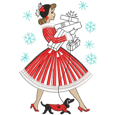 Embroidery design preview of a lady holding a Christmas gift, showcasing intricate details and vibrant colors.