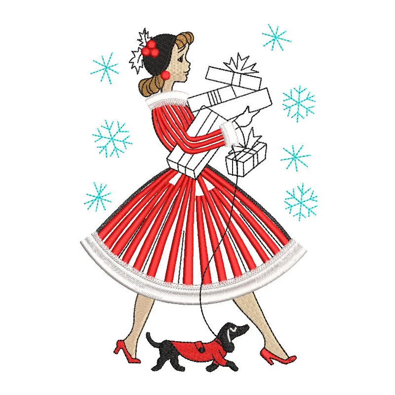 Embroidery design preview of a lady holding a Christmas gift, showcasing intricate details and vibrant colors.