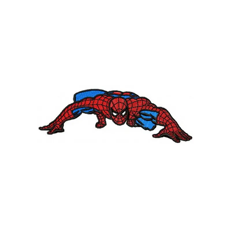 Spiderman climbing embroidery design showcasing detailed stitching for dynamic motifs on various fabrics.