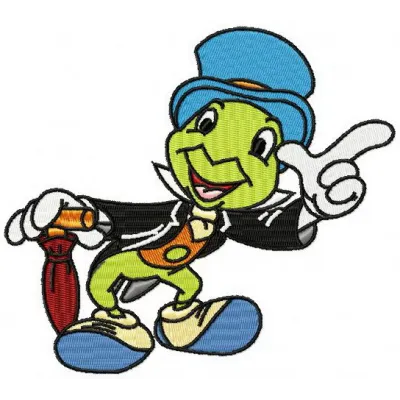 Jiminy Cricket 2 embroidery design featuring a whimsical character from Pinocchio, perfect for creative stitching projects.
