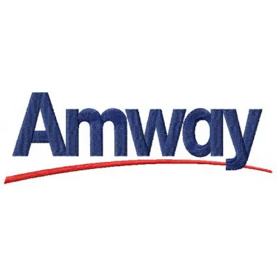 Amway logo embroidery design showcased on a fabric background, ideal for cosmetics and perfume items.