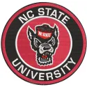 Embroidery design preview of the NC State Wolfpack round logo featuring vibrant colors and detailed stitching.