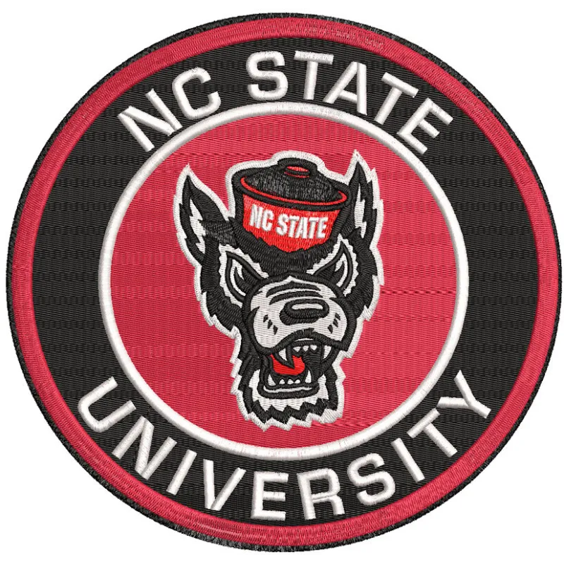 Embroidery design preview of the NC State Wolfpack round logo featuring vibrant colors and detailed stitching.