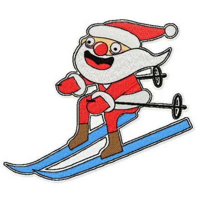 Santa skiing embroidery design featuring a cheerful Santa in winter gear, ideal for holiday-themed projects.