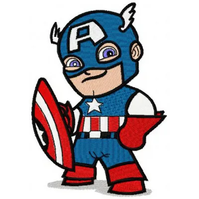 Chibi Captain America embroidery design showcasing a playful superhero motif for creative stitching projects.