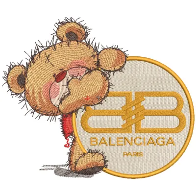 Teddy bear Balenciaga embroidery design preview showcasing intricate details and vibrant colors.