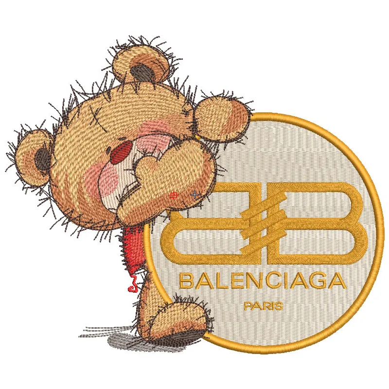 Teddy bear Balenciaga embroidery design preview showcasing intricate details and vibrant colors.