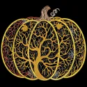 Embroidery design preview of a Halloween pumpkin magic tree, featuring vibrant colors and detailed stitching.
