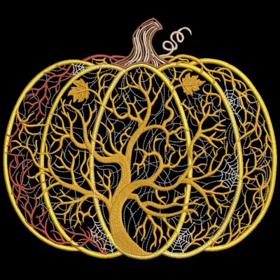 Embroidery design preview of a Halloween pumpkin magic tree, featuring vibrant colors and detailed stitching.