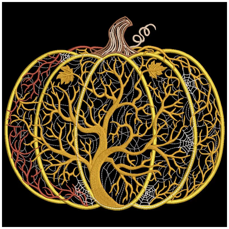 Embroidery design preview of a Halloween pumpkin magic tree, featuring vibrant colors and detailed stitching.