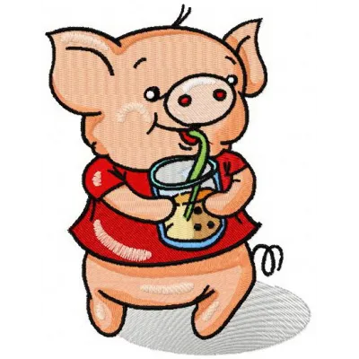 Adorable piglet drinking lemonade embroidery design, perfect for decorating summer-themed items and gifts.
