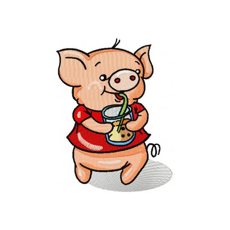 Adorable piglet drinking lemonade embroidery design, perfect for decorating summer-themed items and gifts.