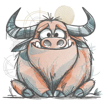 Highland cow sketch embroidery design preview showcasing intricate details and clean lines.