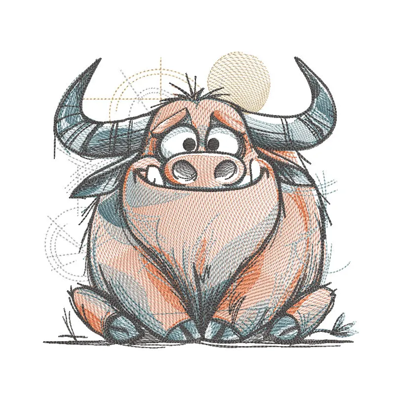 Highland cow sketch embroidery design preview showcasing intricate details and clean lines.