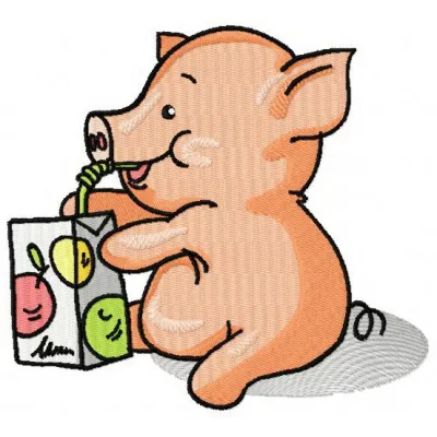 Embroidery design of a cute little piglet enjoying apple juice, perfect for stitching on baby onesies or towels.