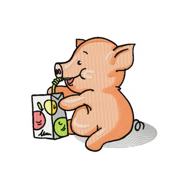 Embroidery design of a cute little piglet enjoying apple juice, perfect for stitching on baby onesies or towels.