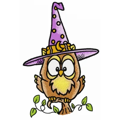 Witching Hour Owl embroidery design showcasing a whimsical owl perched under a crescent moon, ideal for creative projects.