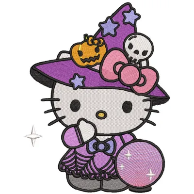 Preview of Hello Kitty Halloween magic embroidery design, featuring detailed stitching and vibrant colors.