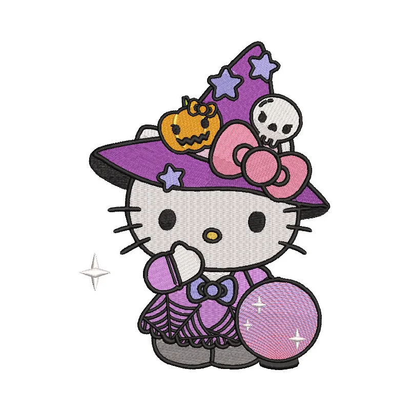 Preview of Hello Kitty Halloween magic embroidery design, featuring detailed stitching and vibrant colors.