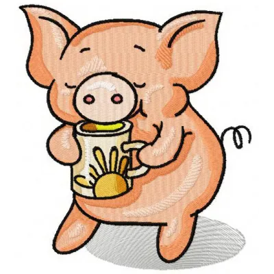 Preview of Piglet's tea time embroidery design featuring a charming piglet enjoying a tea party.