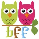 Preview of BFF Funny Owls embroidery design featuring whimsical owl motifs, perfect for crafting on various fabrics.