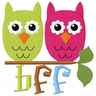 Preview of BFF Funny Owls embroidery design featuring whimsical owl motifs, perfect for crafting on various fabrics.