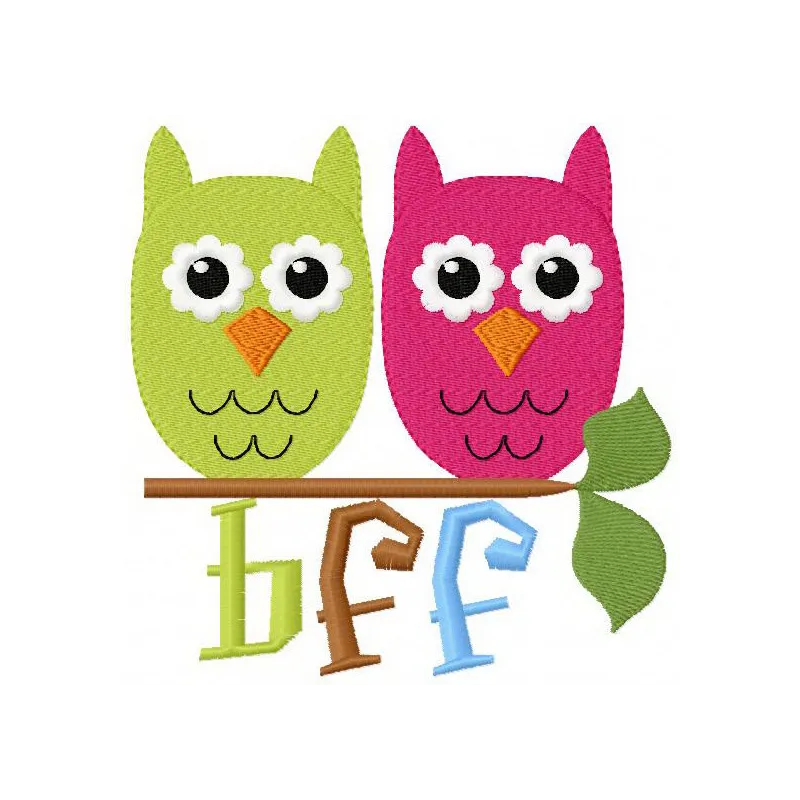 Preview of BFF Funny Owls embroidery design featuring whimsical owl motifs, perfect for crafting on various fabrics.