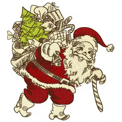 Santa Claus embroidery design featuring Santa with presents, perfect for festive t-shirts and holiday decorations.